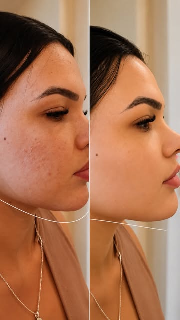 Antes e depois do Protocolo 25+, de perfil: mulher jovem com a linha da mandíbula mais marcada no depois.